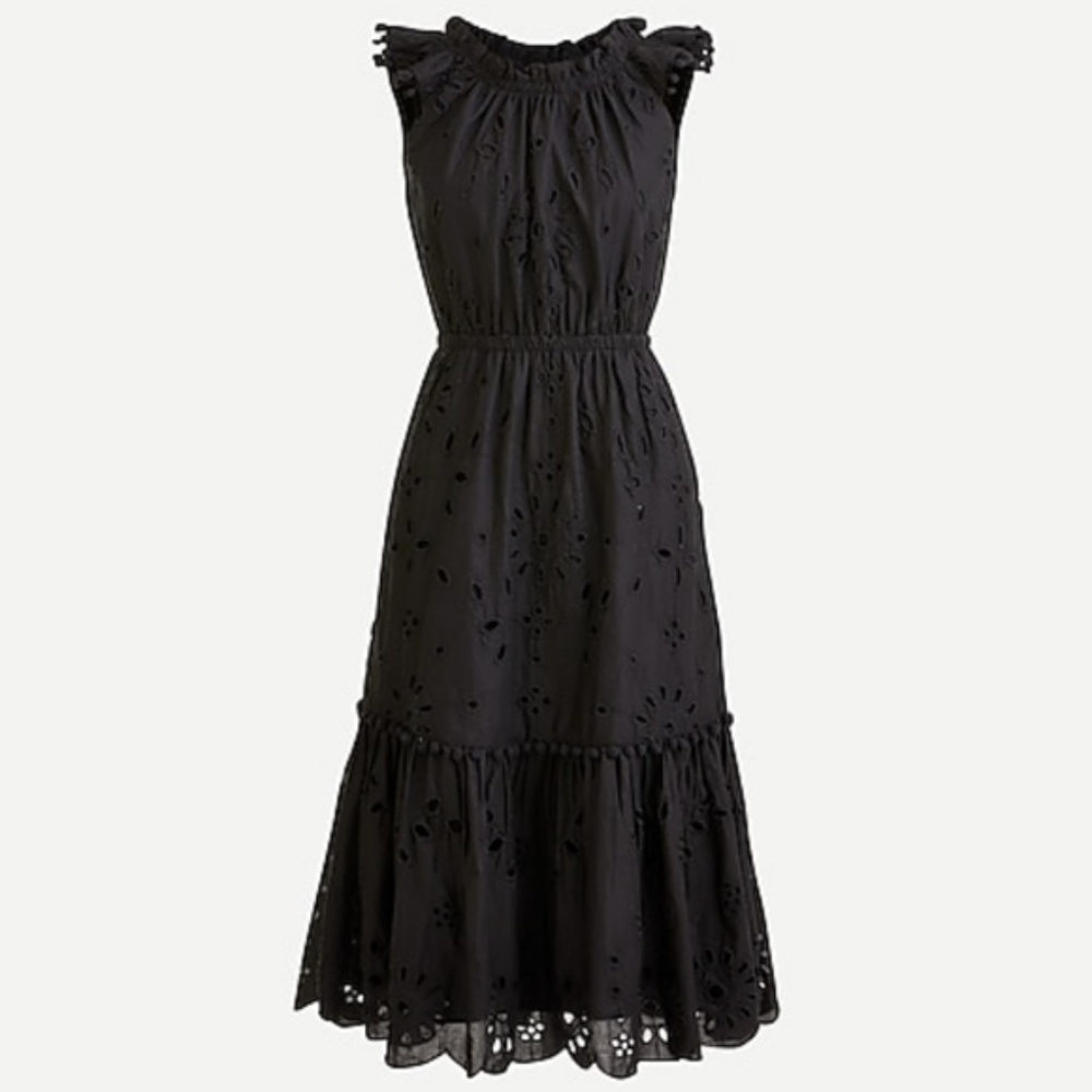 🆕️ J CREW Black Eyelet Midi Dress Ruffle Sleeves